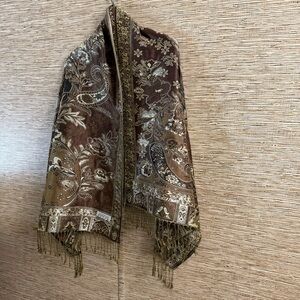 Pashmina Scarf Shawl Floral Paisley Cream Brown Cashmere Silk Soft 28.5”x 66”